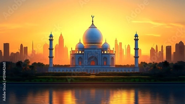 Fototapeta Taj Mahal at sunset with modern city in the background with reflection in the water