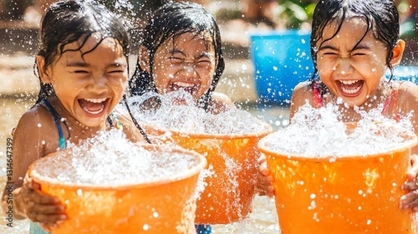 Fototapeta Children laughing and playing with buckets of water during the Songkran festival, splashing each other in the streets with joy and excitement.