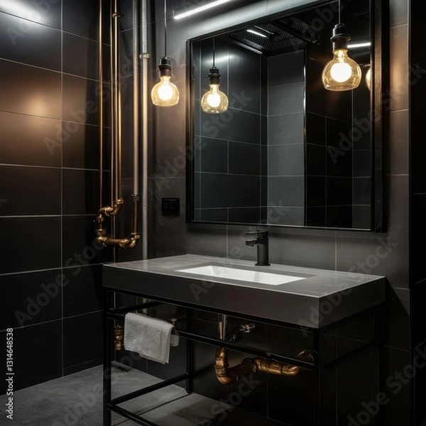Fototapeta A modern bathroom featuring a sleek vanity with a minimalist design, illuminated by stylish pendant lights against a dark tiled backdrop.