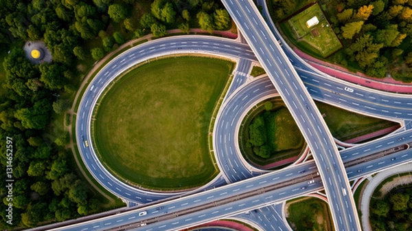 Fototapeta Aerial view of a highway intersection with a clover-leaf interchange Germany Koblenz