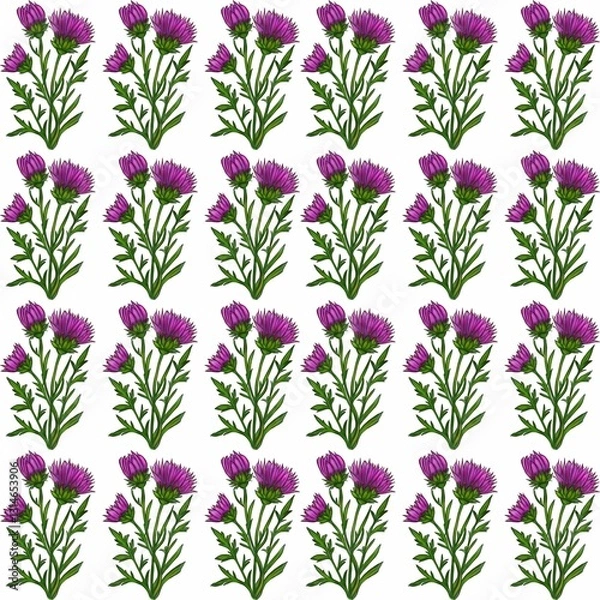 Obraz A watercolor seamless pattern featuring vibrant purple thistle flowers with green stems and leaves, arranged in a grid format on a white background.
