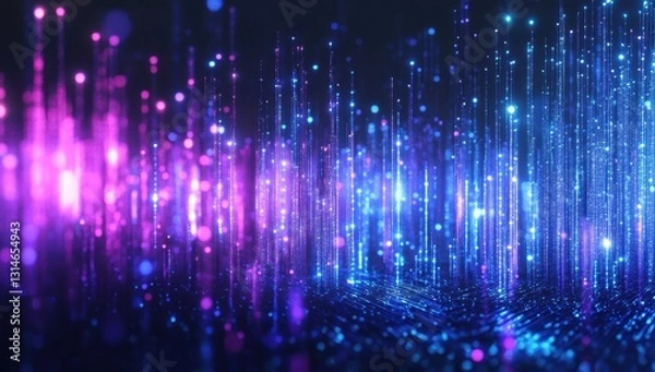 Fototapeta Abstract visualization of vibrant glowing particles forming dynamic light waves in shades of blue, purple, and pink against a dark background