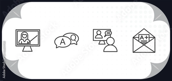Fototapeta outline icons set - e learning and education concept. computer-based training, qa, online coaching, grades.