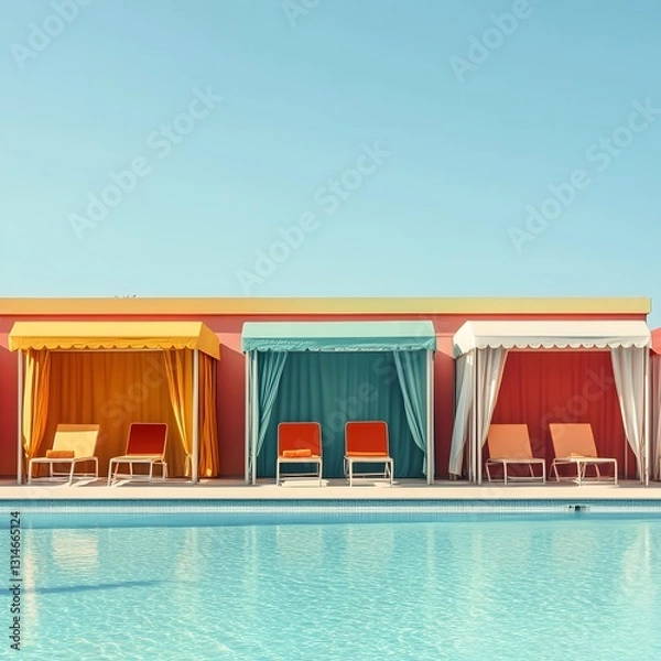 Fototapeta Colorful Cabanas by a Sparkling Blue Pool Under a Bright Summer Sky