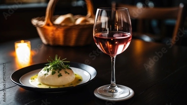 Fototapeta Serving dinner with a glass of wine