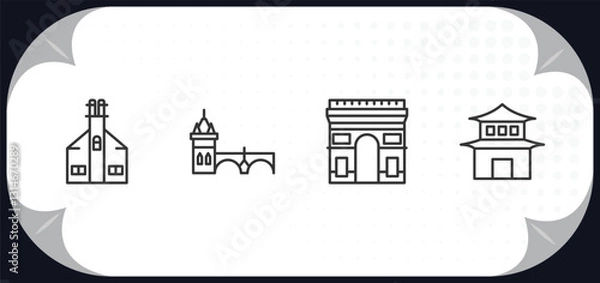 Fototapeta outline icons set - buildings concept. moot hall, charles bridge, arc de triomphe, pagoda.