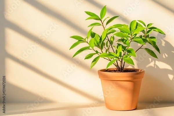 Fototapeta Aesthetic indoor still life of a potted plant bathed in natural sunlight creating a minimalist botanical composition with warm shadows and organic interior decor