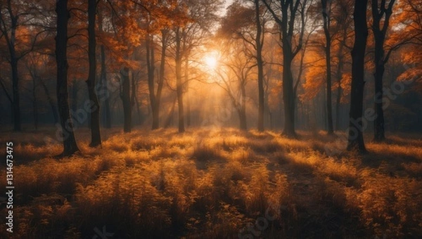 Fototapeta Panorama of sunlight in a forest during autumn nature landscape.