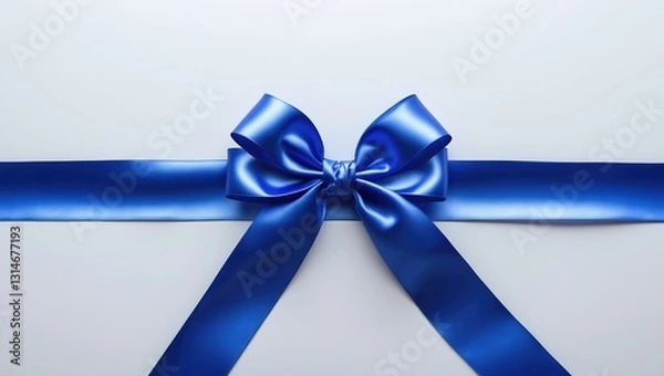Fototapeta Satin ribbon in blue with bow on a white background, viewed from above.