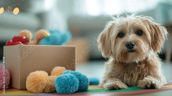 Fototapeta A charming puppy rests on a colorful mat with an array of soft, plush toys nearby, showcasing a playful atmosphere perfect for pet lovers and joyful moments.