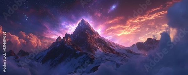 Fototapeta A glowing aurora over a mountain peak