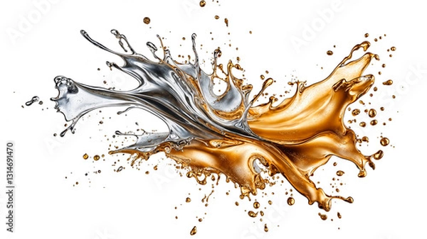 Fototapeta A dramatic explosion of metallic gold, silver, and bronze paint splashes, isolated on a white background, with liquid streaks extending outward in a chaotic, high-energy motion
