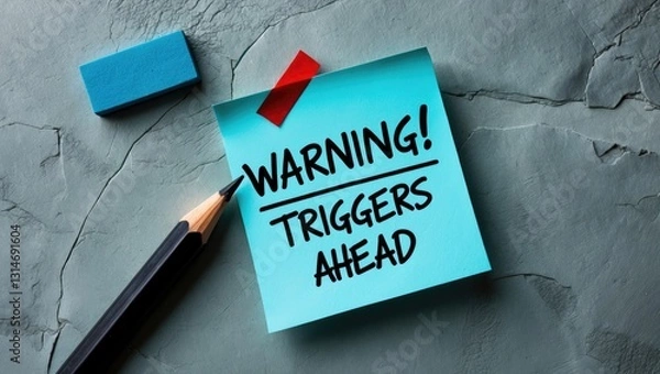 Obraz Blue sticky note with handwritten message WARNING! triggers ahead - the idea of recognizing your triggers, to be aware of or identify emotional triggers when facing something challenging.