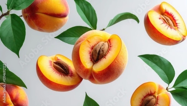 Fototapeta Levitating peach in isolation. Arrangement of peaches, peach halves, and slices accompanied by green leaves.