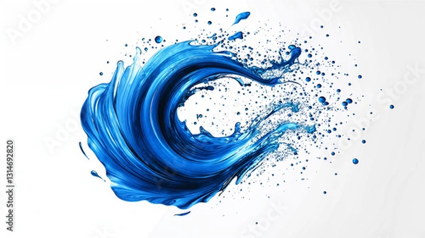 Fototapeta A swirling explosion of deep blue paint splashes, isolated on a white background, with droplets and streaks extending outward in a bold, dynamic motion