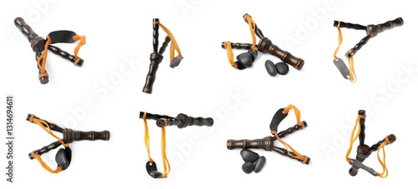 Fototapeta Wooden slingshot with pebbles on white background, collage. Views from different sides