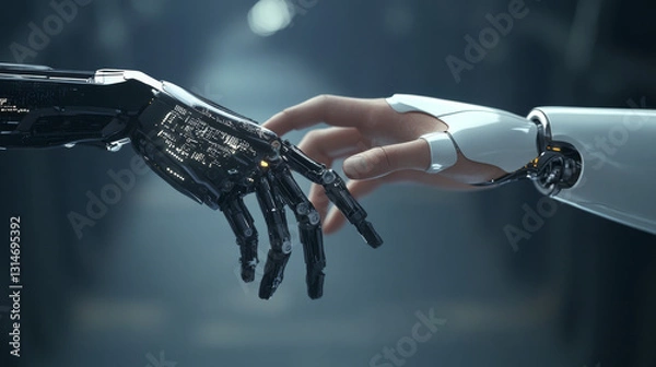 Fototapeta The impact of AI on the world, featuring machine learning, a robotic and human hand touching over a big data network, symbolizing data exchange, deep learning,