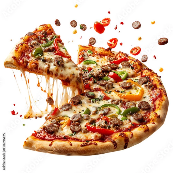Fototapeta A Flying Pizza Slice with Cheese Sausage and Peppers Isolated on Transparent Background