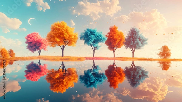 Fototapeta Four colorful trees reflected in calm water, under a pastel sky with a crescent moon, creating a serene and dreamlike autumnal scene, showcasing nature's beauty and tranquility