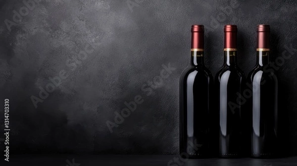 Fototapeta This captivating image features three rich red wine bottles elegantly aligned on a dark surface, creating a dramatic contrast that evokes a sense of richness and depth.