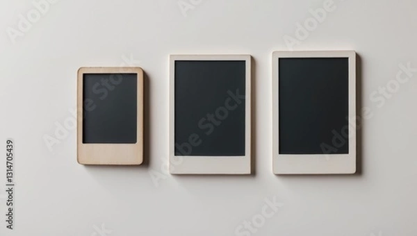 Obraz Set of photo frames. Vintage empty photo frames displayed on a white wall. Pictures on the wall, retro memory collection. Blank white square old card for capturing memories. Art, gallery template.