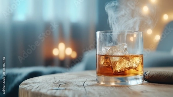 Fototapeta A glass of whiskey with ice sits on a wooden table, surrounded by soft lighting and smoke, radiating a soothing and tranquil vibe perfect for unwinding.