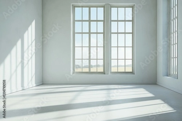 Fototapeta Large windows fill the bright room with natural light, creating soft shadows on the floor and offering a serene view of the outdoor landscape