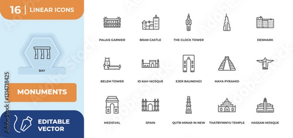 Fototapeta outline icons set - monuments concept. bay, palais garnier and more.
