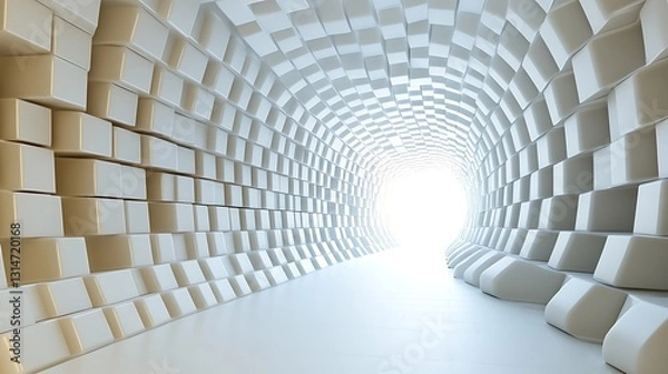 Fototapeta Abstract white blocks tunnel, bright light at end. Futuristic backdrop. Concept