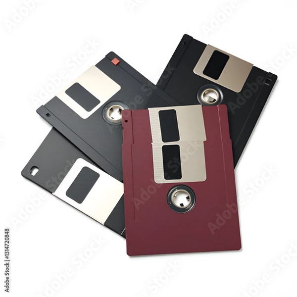 Fototapeta Retro vintage floppy disk diskettes on white, old time computer storage equipment hardware