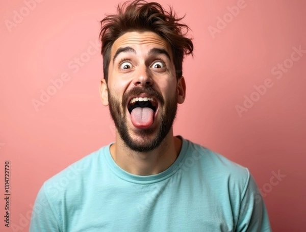 Fototapeta Man sticking out tongue making a goofy expression on pink background