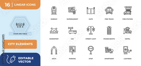 Fototapeta outline icons set - city elements concept. chair and table, subway and more.
