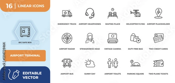 Fototapeta outline icons set - airport terminal concept. big safe box, emergency truck and more.