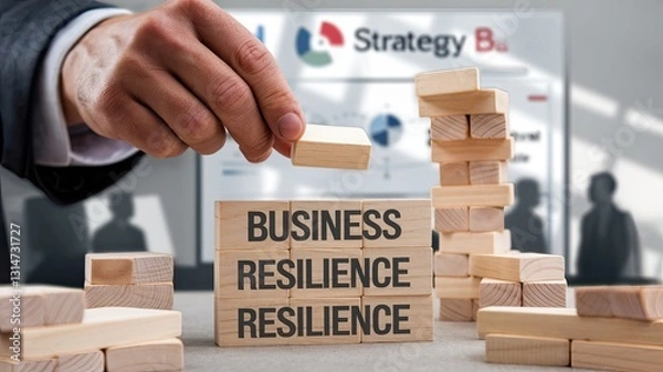 Fototapeta Building Business Resilience: A hand carefully places a wooden block onto a tower spelling out "BUSINESS RESILIENCE," symbolizing strategic planning and risk management in the business world.