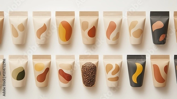 Fototapeta Creative coffee packaging design studio product photography minimalist environment top-down view modern aesthetics