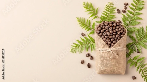 Fototapeta Gathering fresh coffee beans in a natural setting food composition earthy environment top view aromatic experience
