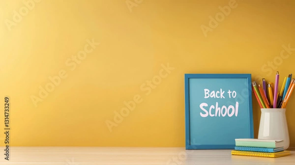 Fototapeta Minimalist back to school still life featuring a small blue framed blackboard with the message back to school alongside colored pencils and notebooks on a wooden table against a yellow background