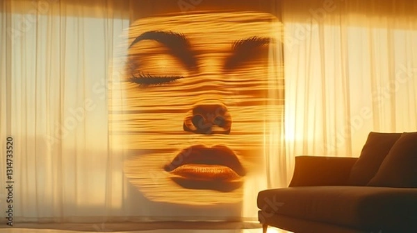 Fototapeta Captivating sunset reflection of a woman's face modern living room artistic photography warm atmosphere side view dreamlike concept