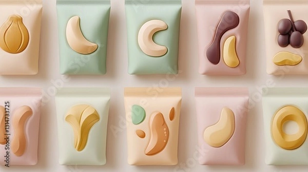 Fototapeta Artistic display of colorful snack packaging studio product photography minimalist overhead view food aesthetics