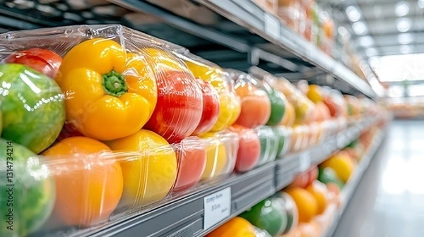 Fototapeta Fresh produce display in supermarket colorful vegetables food aisle bright environment perspective view for healthy eating