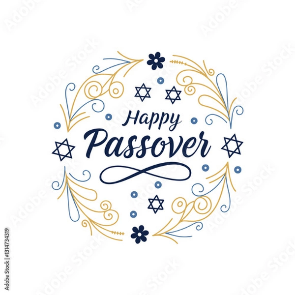 Fototapeta Happy Passover vector illustration with greeting text and for celebration of Passover , isolated on the white  background. Hand lettering calligraphy. Floral circle greeting frame
