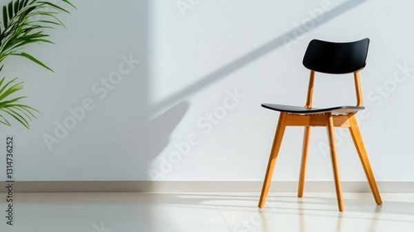 Fototapeta Black chair on a white background in a minimalist space . 