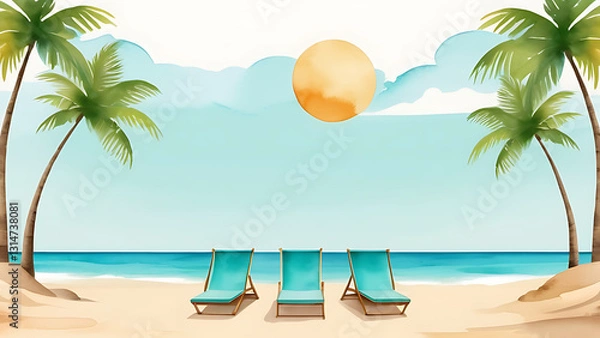 Fototapeta Relaxing Beach Scene with Palm Trees and Chairs Watercolor Painting
