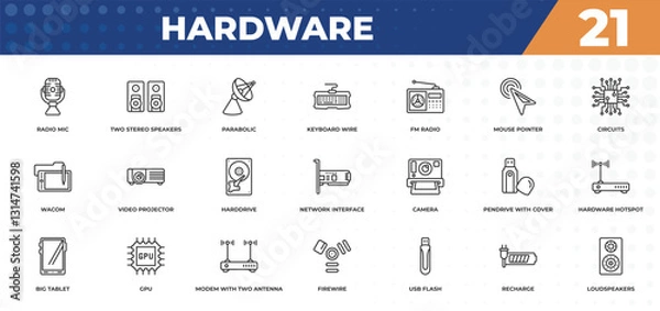 Fototapeta outline icons set - hardware concept. radio mic, two stereo speakers and more.
