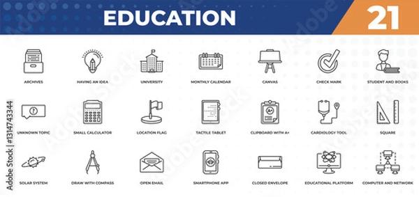 Fototapeta outline icons set - education concept. archives, having an idea and more.