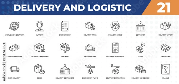 Fototapeta outline icons set - delivery and logistic concept. worldwide delivery, support and more.