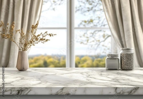 Obraz Elegant interior scene with marble countertop, glass jars, and delicate vase near window showcasing fresh greenery and soft curtains in natural light