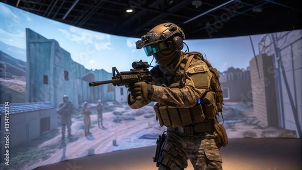 Fototapeta soldier in tactical gear engages in virtual reality military simulation