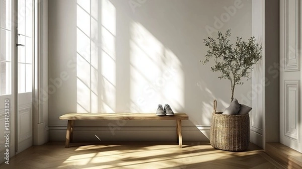 Fototapeta Modern entryway with a wooden bench, woven basket, and neatly placed shoes, sunlight casting soft shadows and adding warmth and elegance to the minimal space.