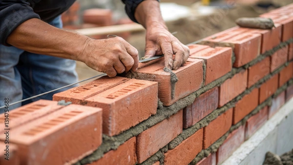 Fototapeta skilled bricklayer carefully aligns red bricks with precision on construction site